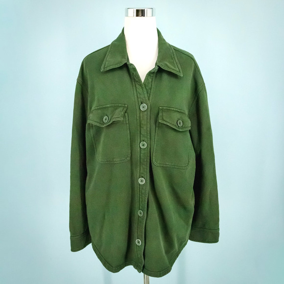 Good American 3/4 Size Large L XL Hunter Green Fleece Button Front Shirt Jacket - Picture 1 of 6